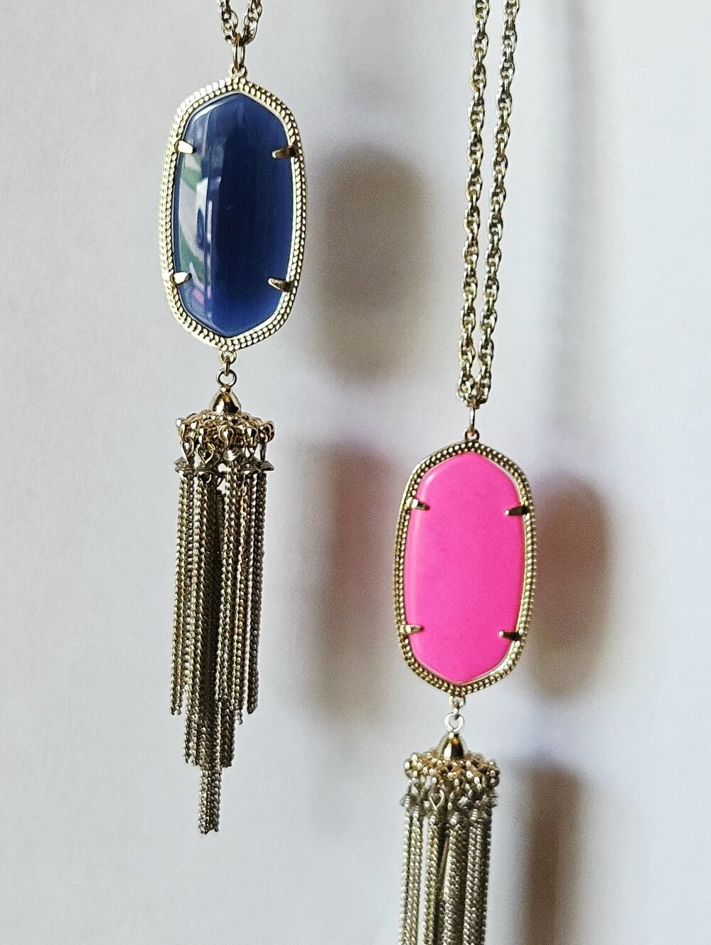 2 Kendra Scott Bundle Gold Tassel Pendant Necklace With Blue & Hot Pink Stone